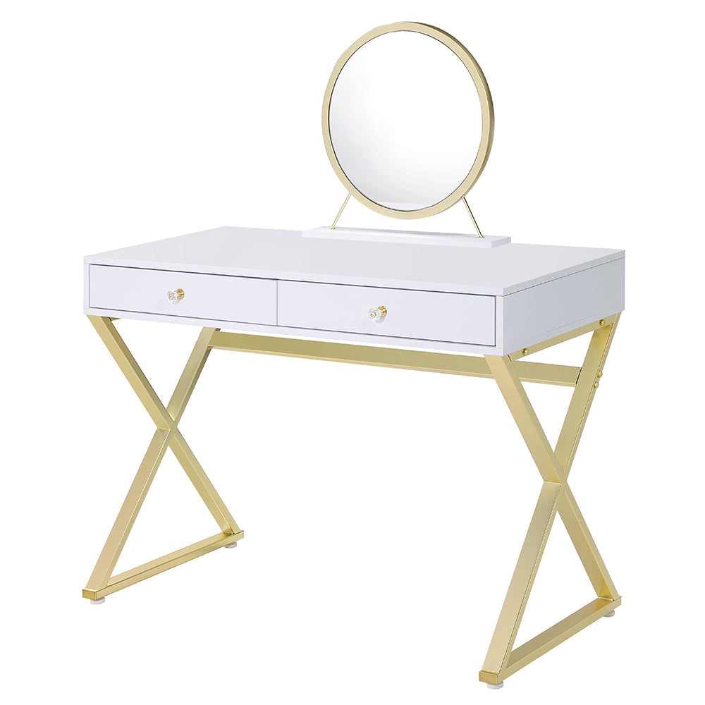 ACME Coleen White & Gold Vanity Desk with Mirror & Jewelry Tray Model AC00667