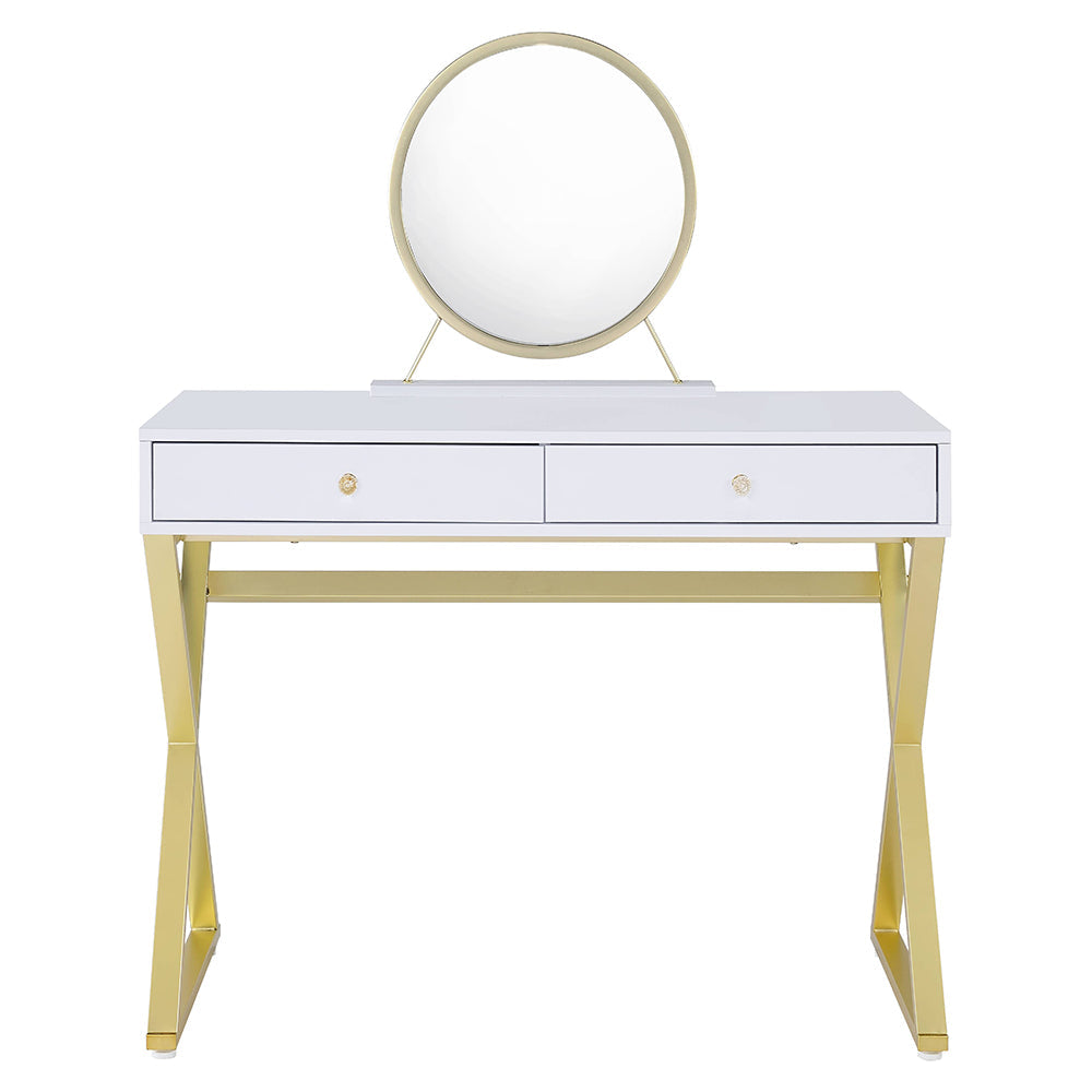 ACME Coleen White & Gold Vanity Desk with Mirror & Jewelry Tray Model AC00667