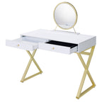 ACME Coleen White & Gold Vanity Desk with Mirror & Jewelry Tray Model AC00667