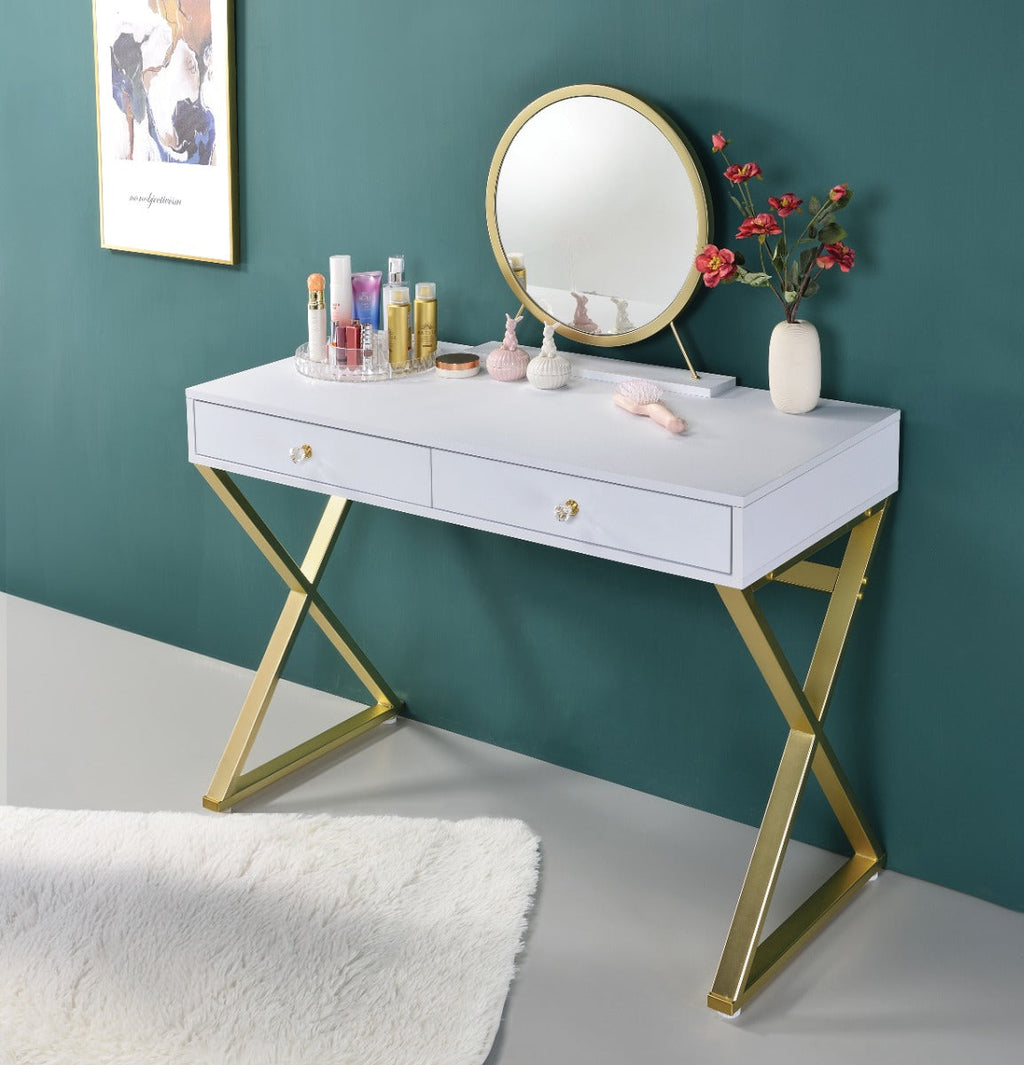 ACME Coleen White & Gold Vanity Desk with Mirror & Jewelry Tray Model AC00667