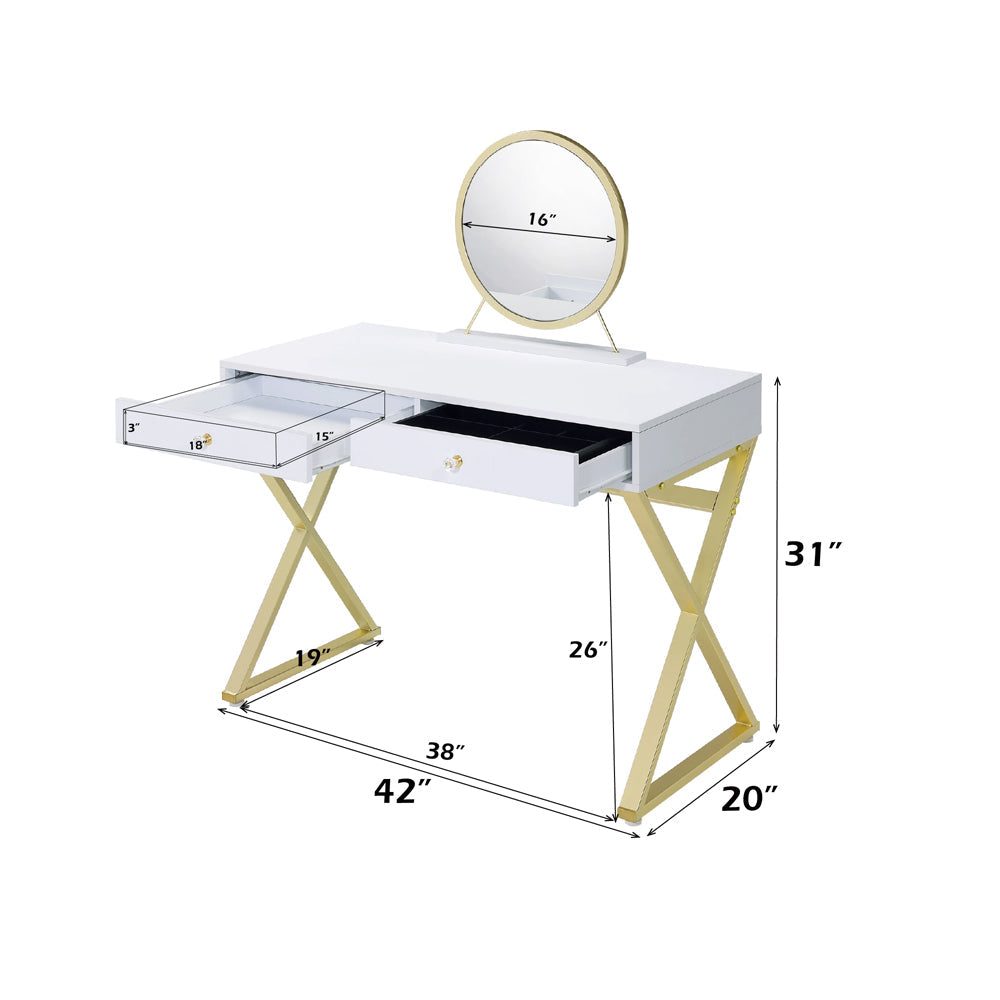 ACME Coleen White & Gold Vanity Desk with Mirror & Jewelry Tray Model AC00667