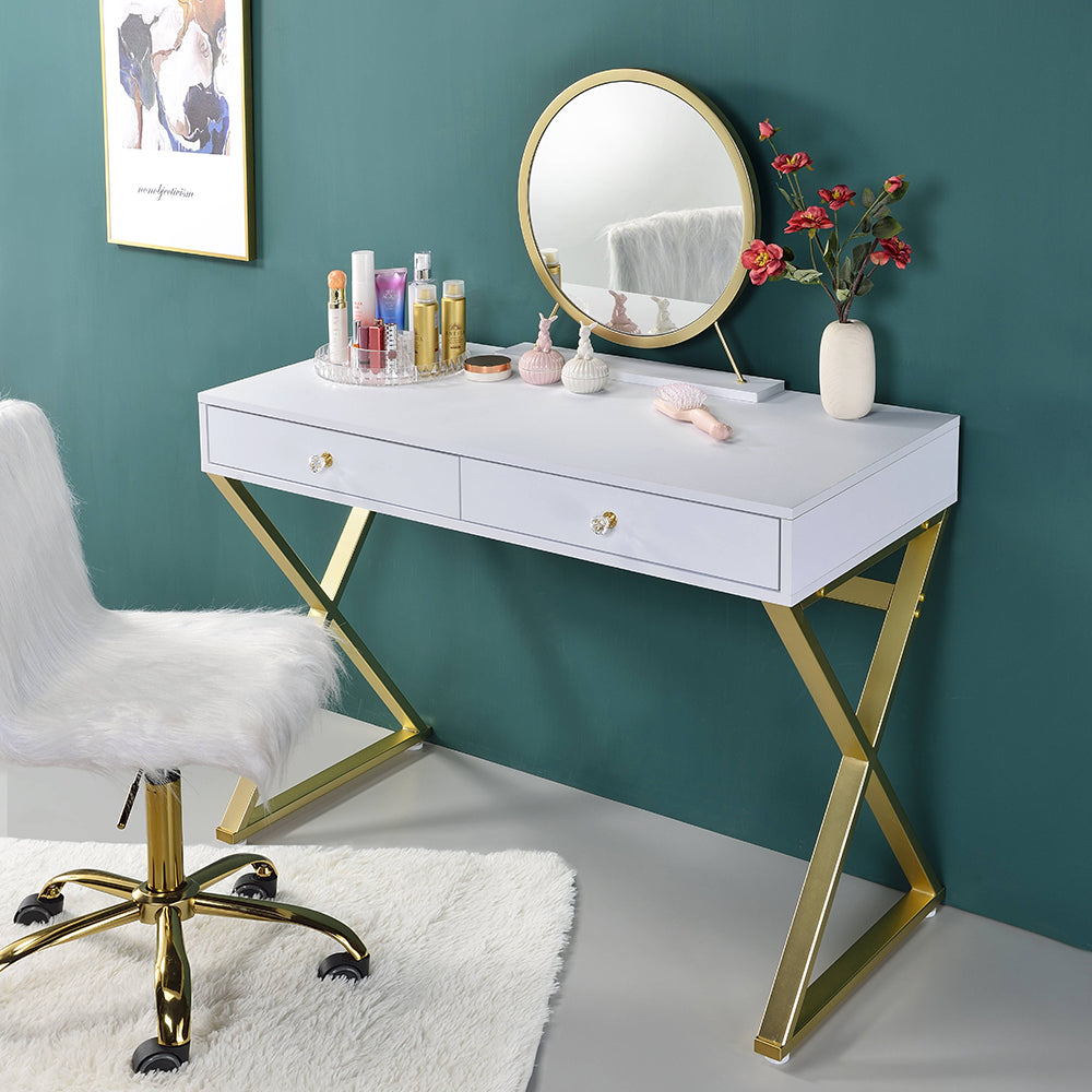 ACME Coleen White & Gold Vanity Desk with Mirror & Jewelry Tray Model AC00667