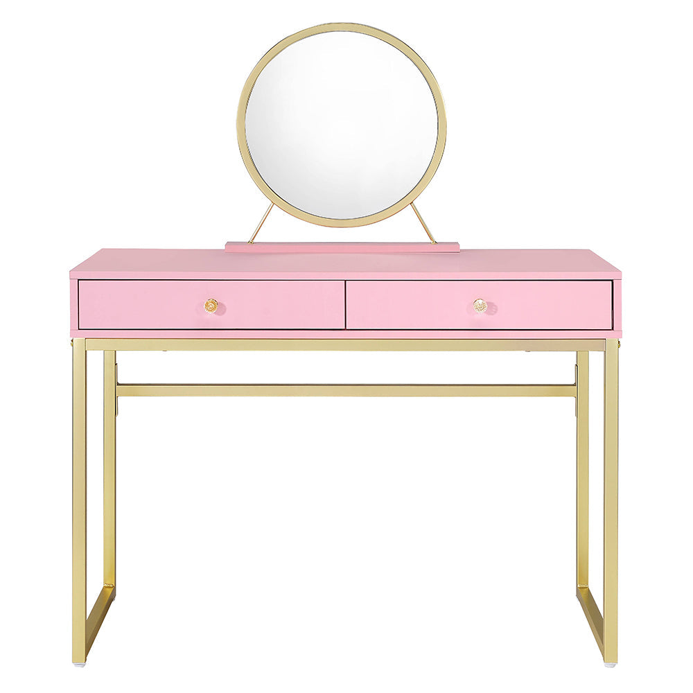 ACME Coleen Pink & Gold Vanity Desk with Mirror & Jewelry Tray Model AC00668