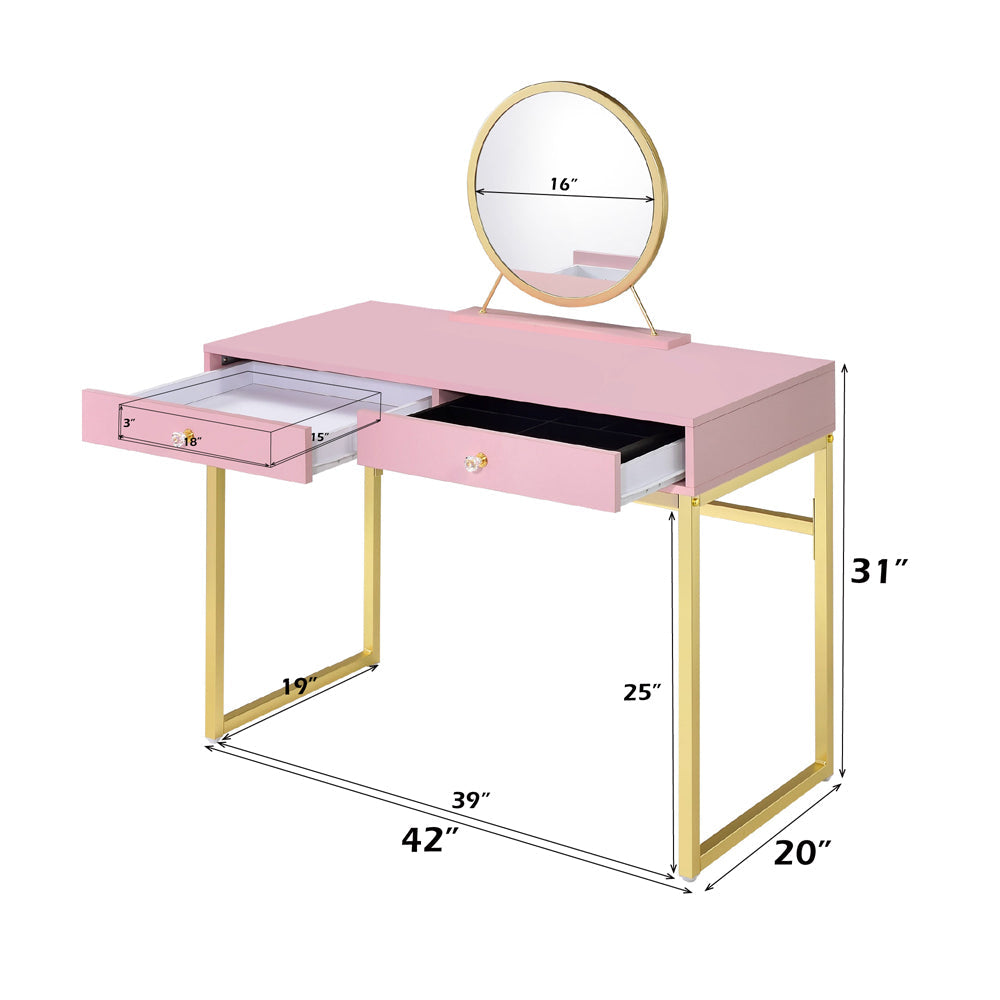ACME Coleen Pink & Gold Vanity Desk with Mirror & Jewelry Tray Model AC00668