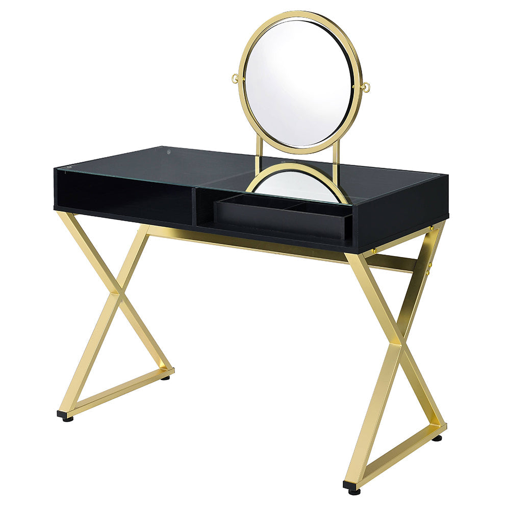 ACME Coleen Black & Gold Vanity Desk with Mirror & Jewelry Tray Model AC00669