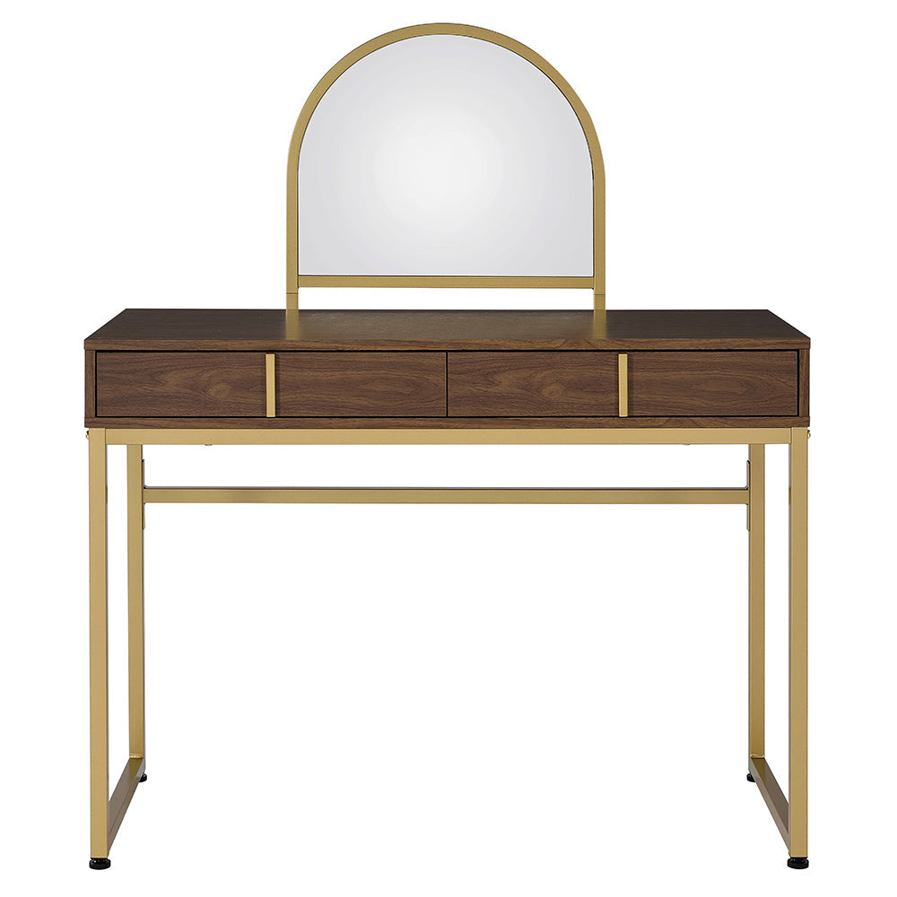 ACME Coleen Walnut & Gold Vanity Desk with Mirror & Jewelry Tray Model AC00670