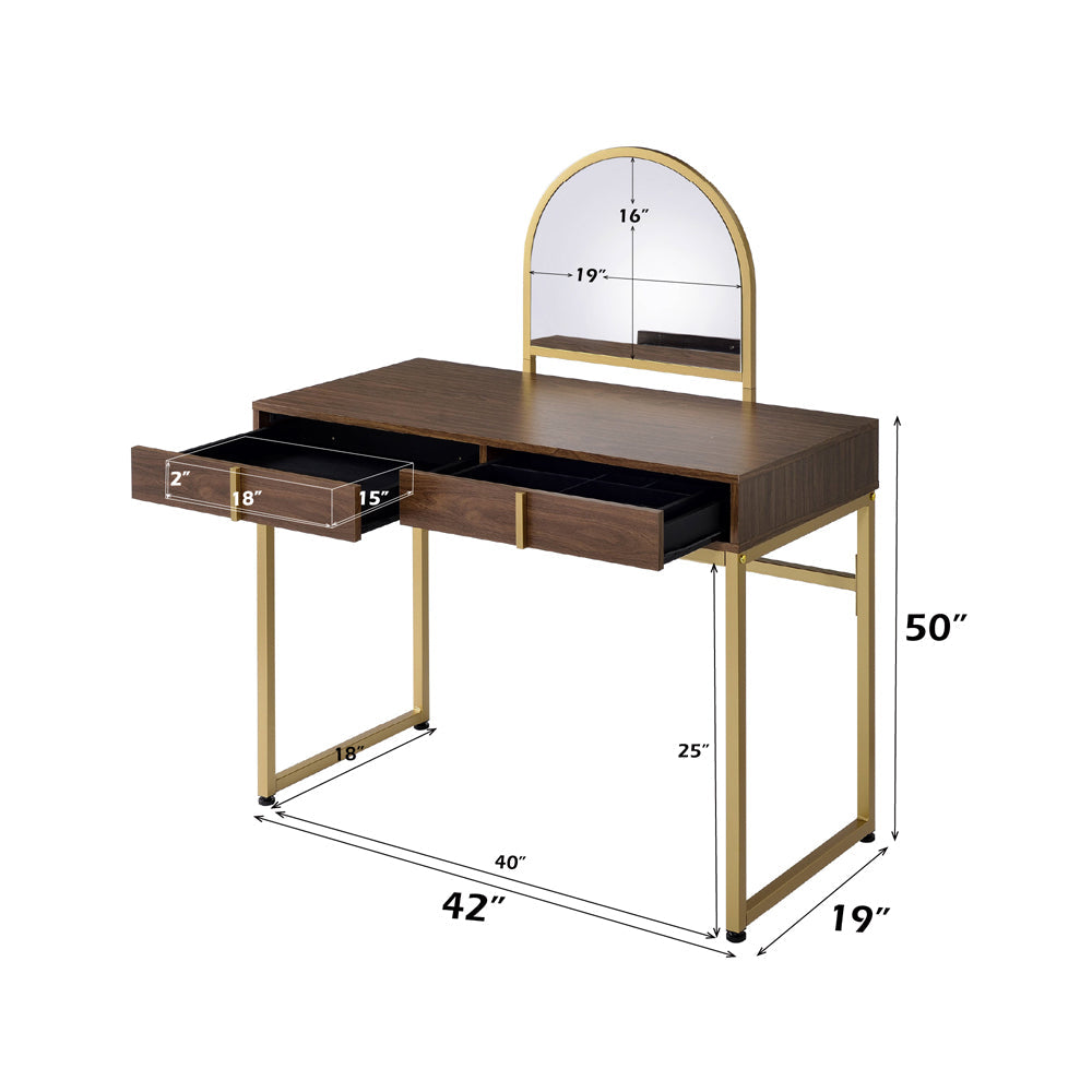 ACME Coleen Walnut & Gold Vanity Desk with Mirror & Jewelry Tray Model AC00670