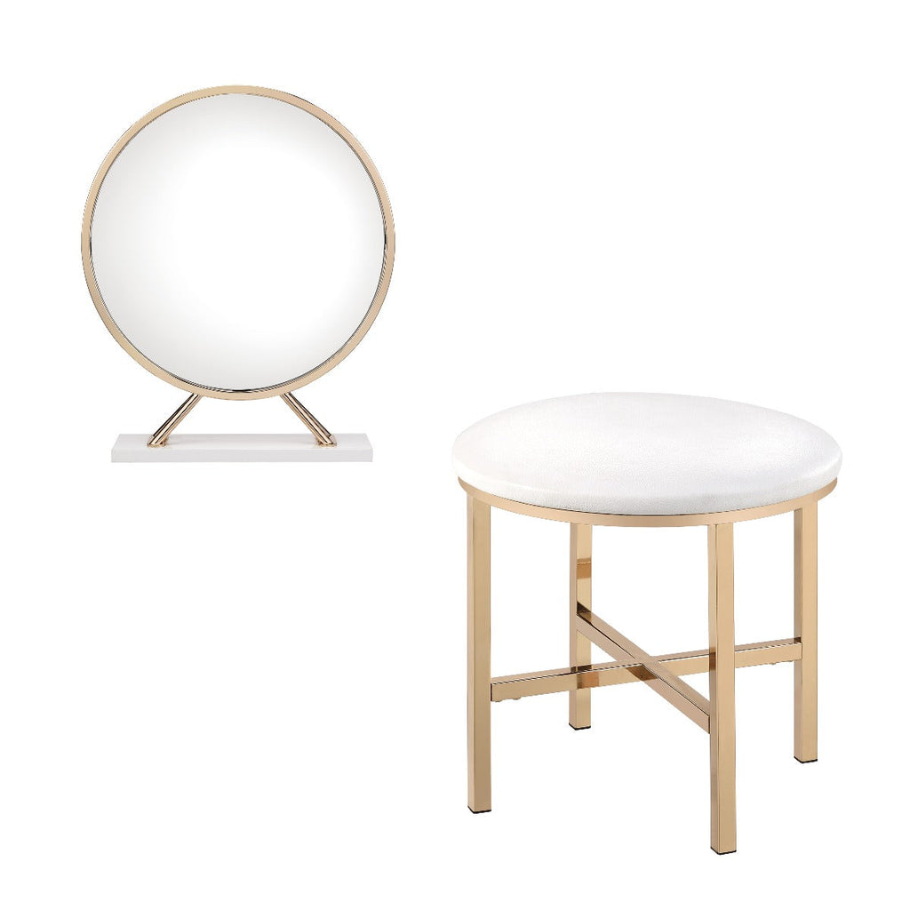 ACME Midriaks Synthetic Leather White & Gold Mirror & Stool Model AC00723