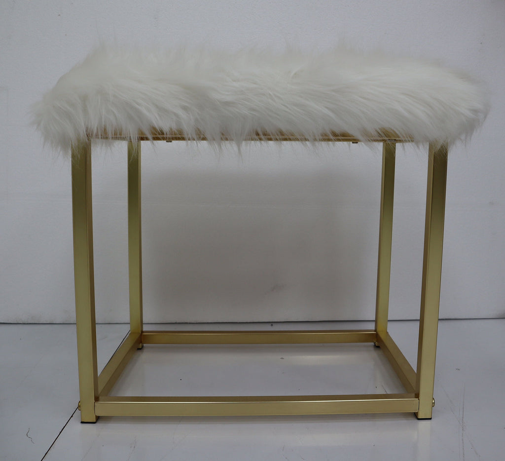 ACME Adao Faux Fur Mirror White & Brass Vanity Mirror & Stool Model AC00932