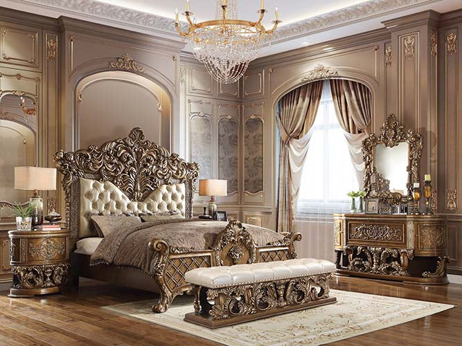 ACME Constantine Synthetic Leather Light Gold Brown & Gold Eastern King Bed Model BD00471EK