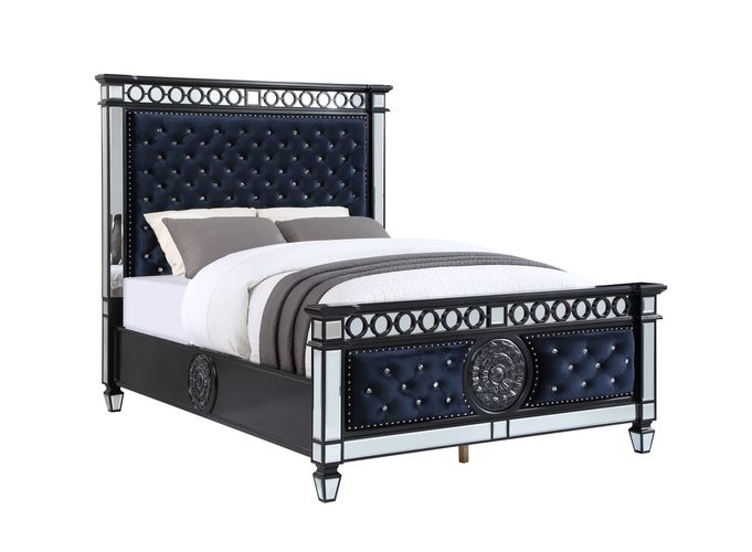 ACME Varian II Mirrored Dark Navy Velvet & Black & Silver Eastern King Bed Model BD00583EK