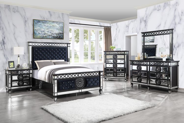 ACME Varian II Mirrored Dark Navy Velvet & Black & Silver Eastern King Bed Model BD00583EK