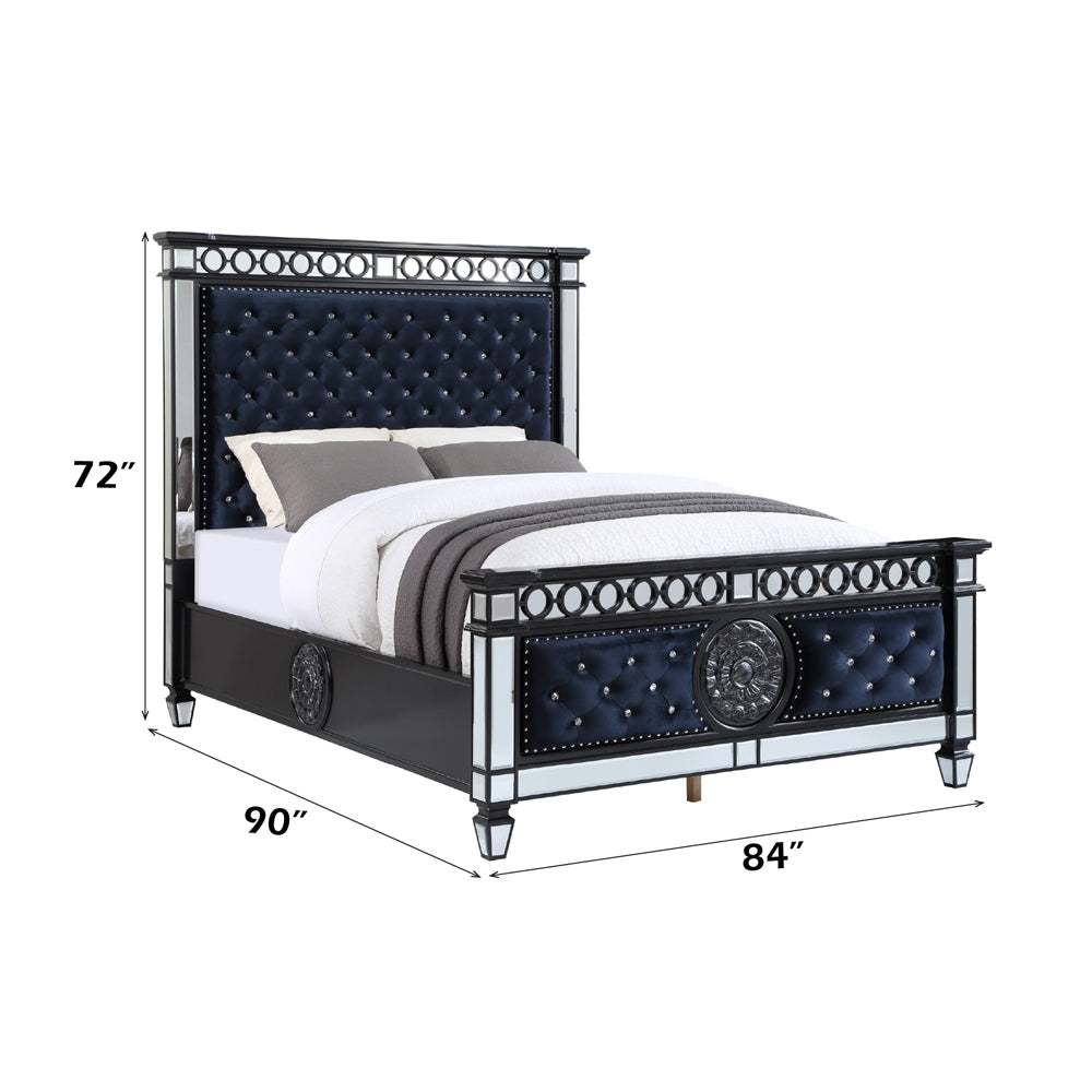 ACME Varian II Mirrored Dark Navy Velvet & Black & Silver Eastern King Bed Model BD00583EK