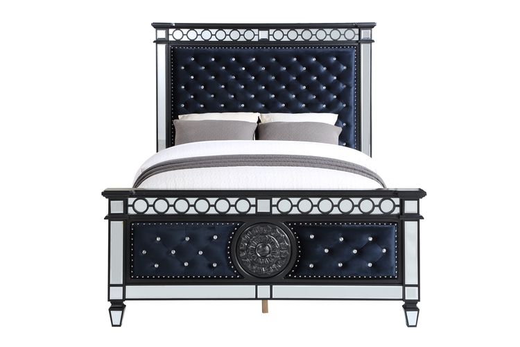 ACME Varian II Mirrored Dark Navy Velvet & Black & Silver Queen Bed Model BD00584Q