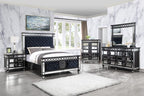 ACME Varian II Mirrored Dark Navy Velvet & Black & Silver Queen Bed Model BD00584Q