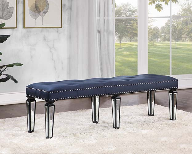 ACME Varian II Mirrored Dark Navy Velvet & Black & Silver Bench Model BD00589