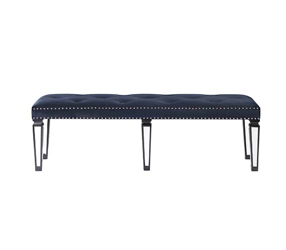 ACME Varian II Mirrored Dark Navy Velvet & Black & Silver Bench Model BD00589