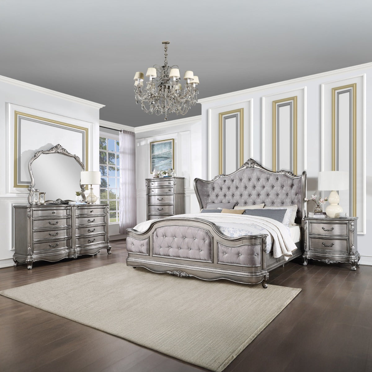 ACME Ariadne Velvet & Antique Platinum California King Bed Model BD00601CK