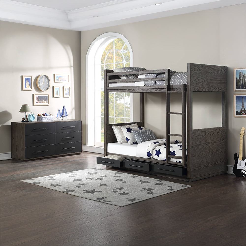 ACME Estevon Gray Oak Bunk Bed (Twin | Twin) with Storage Model BD00613