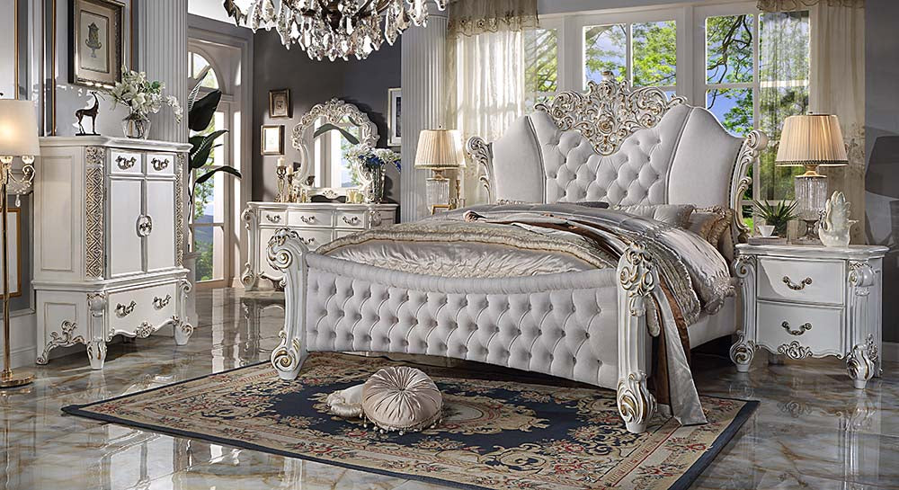ACME Vendome Two Tone Ivory Fabric & Antique Pearl Queen Bed Model BD01336Q
