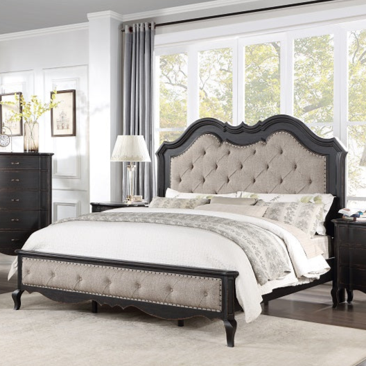 ACME Chelmsford Beige Fabric & Antique Black Queen Bed Model BD02296Q