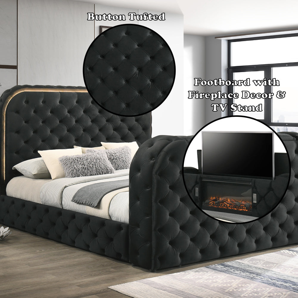 ACME Kana Black Upholstery Velvet Eastern King Bed with LED Fireplace & TV Cabinet Model BD03121EK