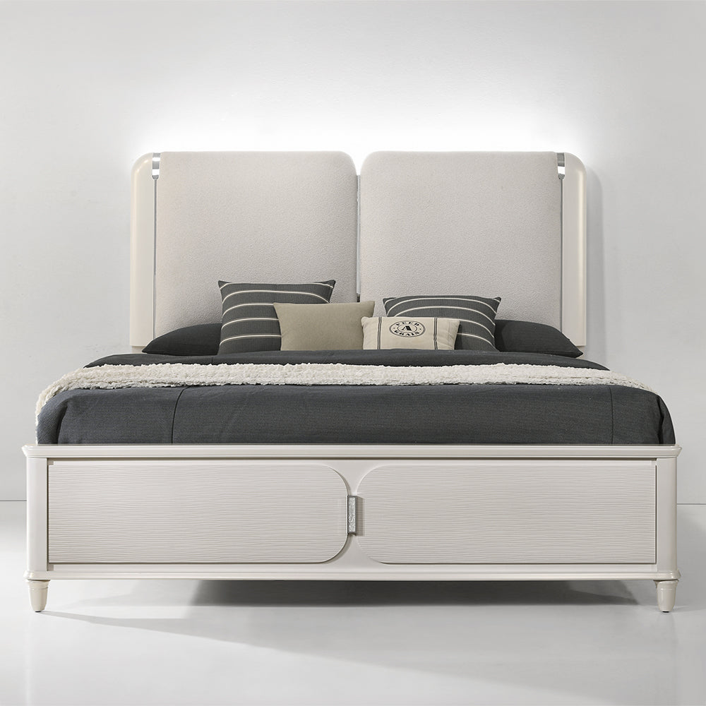 ACME Laveda Light Gray Boucle & Pearl White Eastern King Bed with LED Model BD03791EK