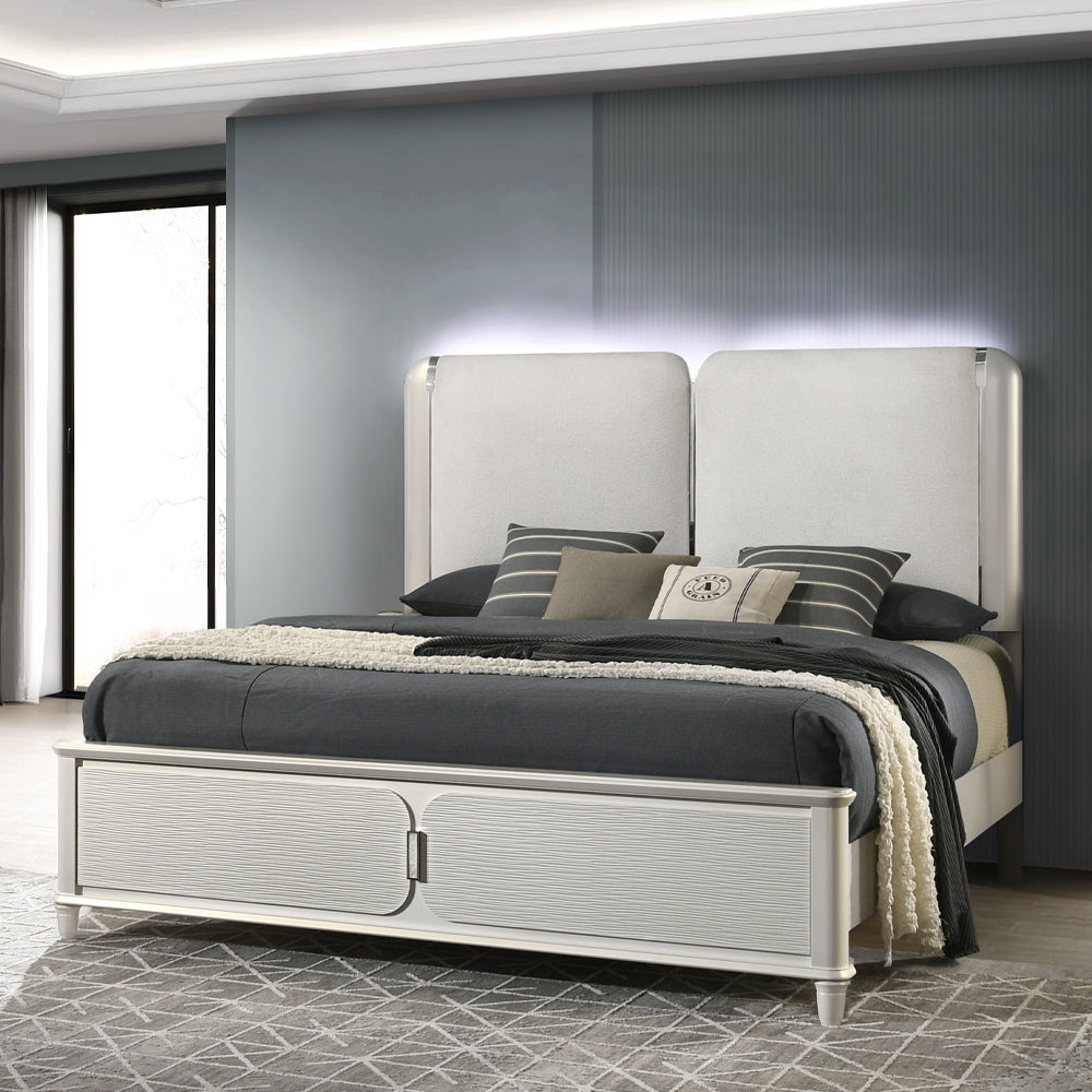 ACME Laveda Light Gray Boucle & Pearl White Queen Bed with LED Model BD03792Q
