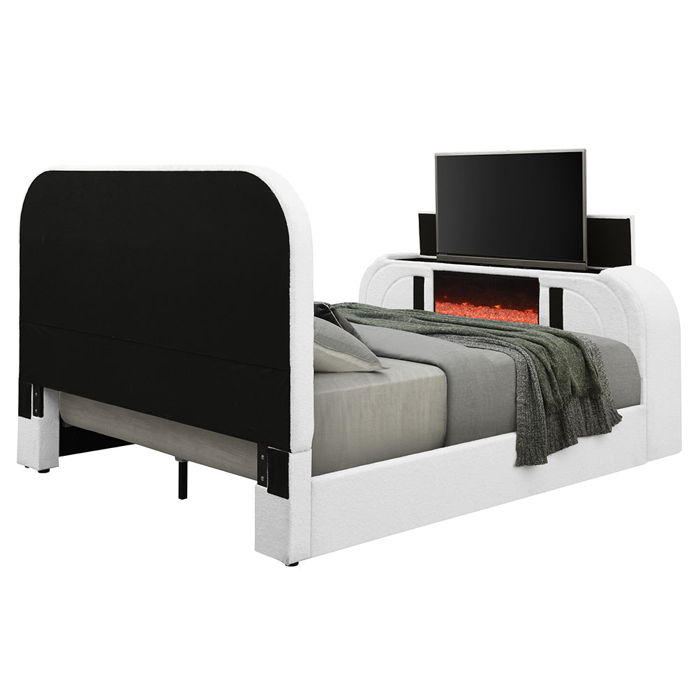ACME Shelyn White Teddy Sherpa & Chrome EK Bed with LED TV Cabinet Fireplace & Bluetooth Model BD04751EK