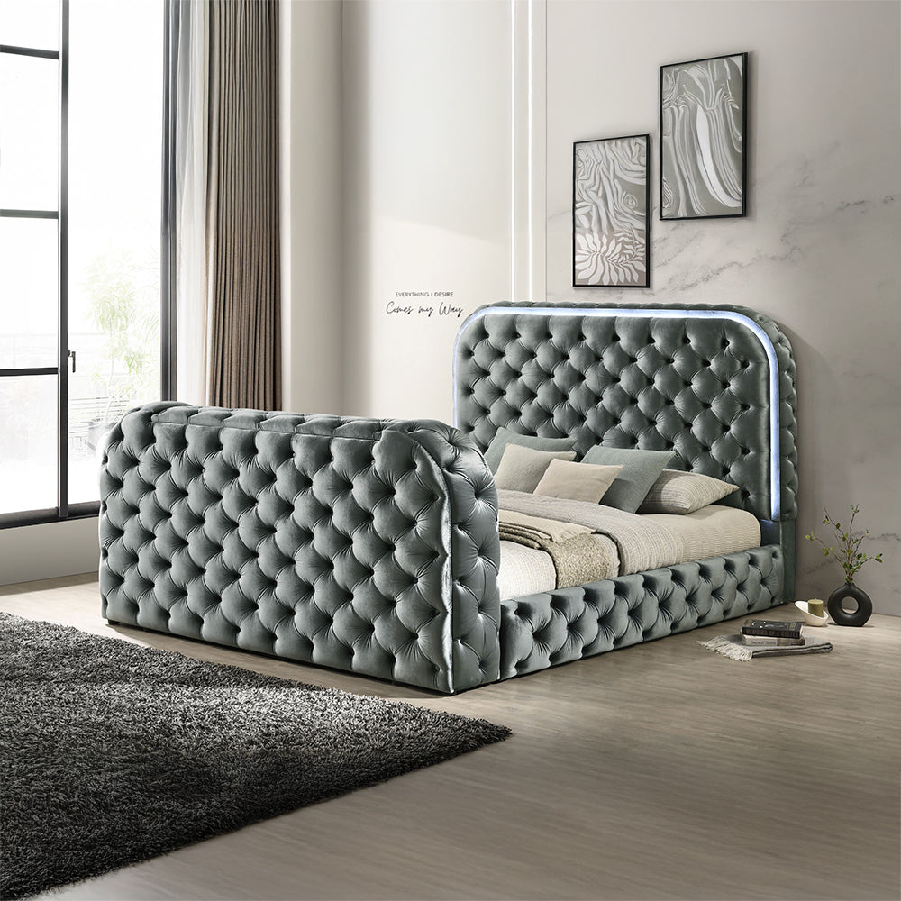 ACME Kana Gray Upholstery Velvet Eastern King Bed with LED Fireplace & TV Stand Model BD05071EK