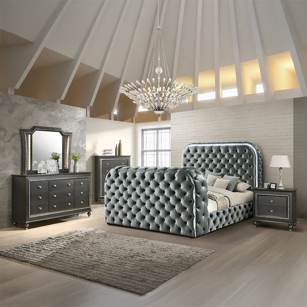 ACME Kana Gray Upholstery Velvet Eastern King Bed with LED Fireplace & TV Stand Model BD05071EK