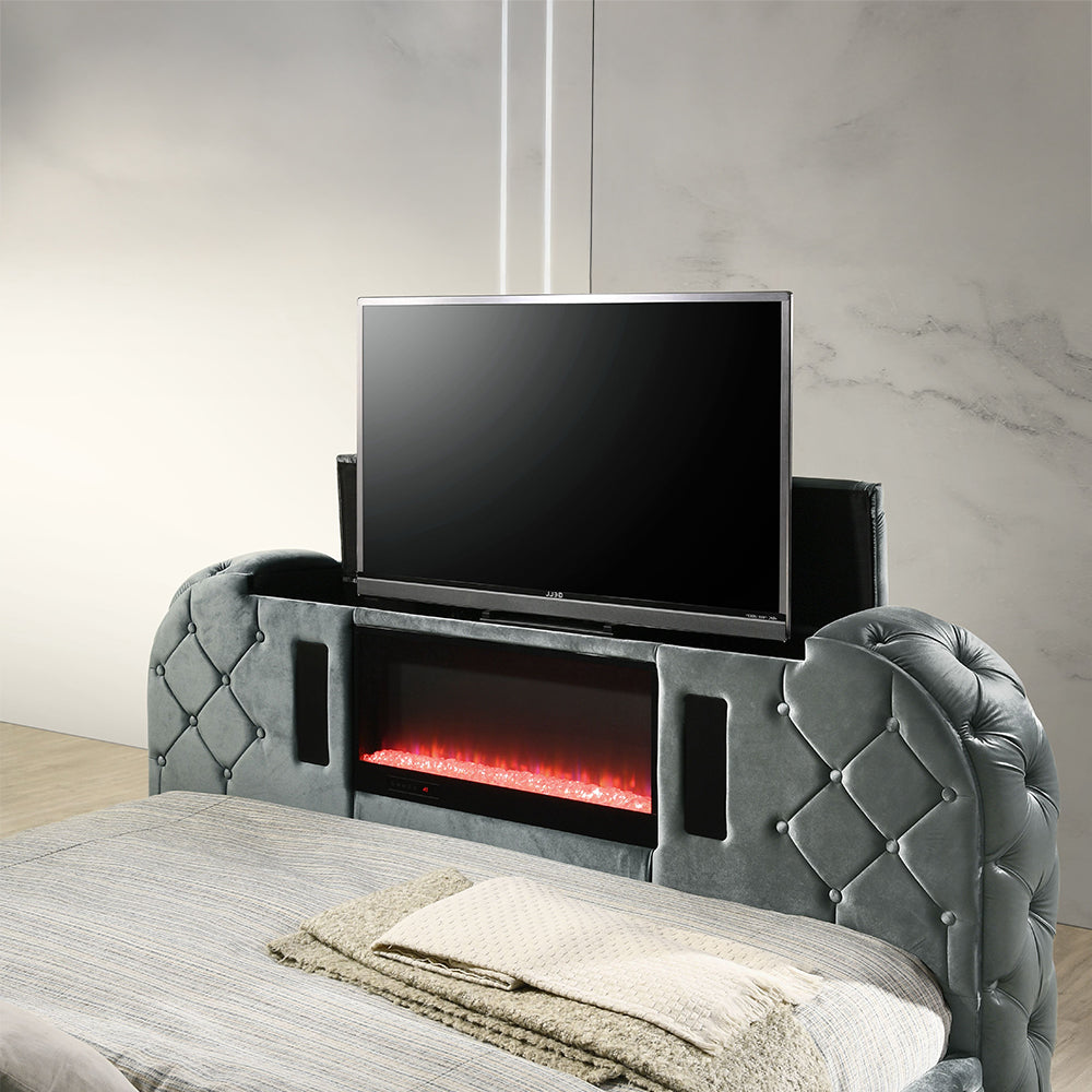 ACME Kana Gray Upholstery Velvet Queen Bed with LED Fireplace & TV Stand Model BD05072Q