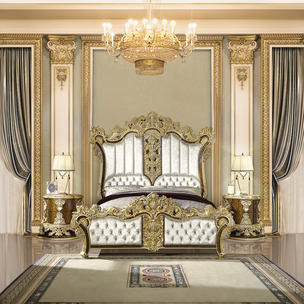 ACME Desiderius Beige Fabric Antique Gold & Hand Paint Brown Eastern King Bed Model BD20001EK