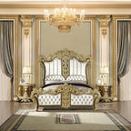 ACME Desiderius Beige Fabric Antique Gold & Hand Paint Brown Eastern King Bed Model BD20001EK