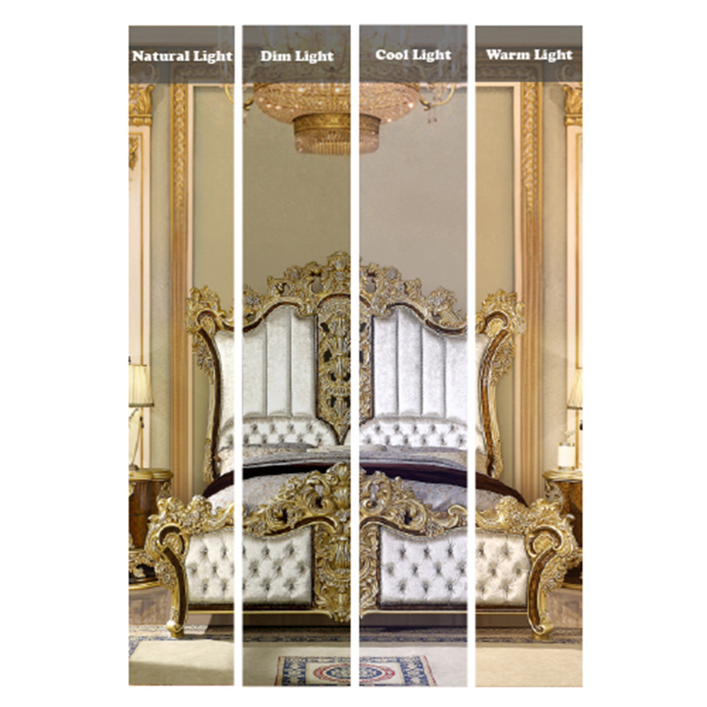 ACME Desiderius Beige Fabric Antique Gold & Hand Paint Brown Eastern King Bed Model BD20001EK