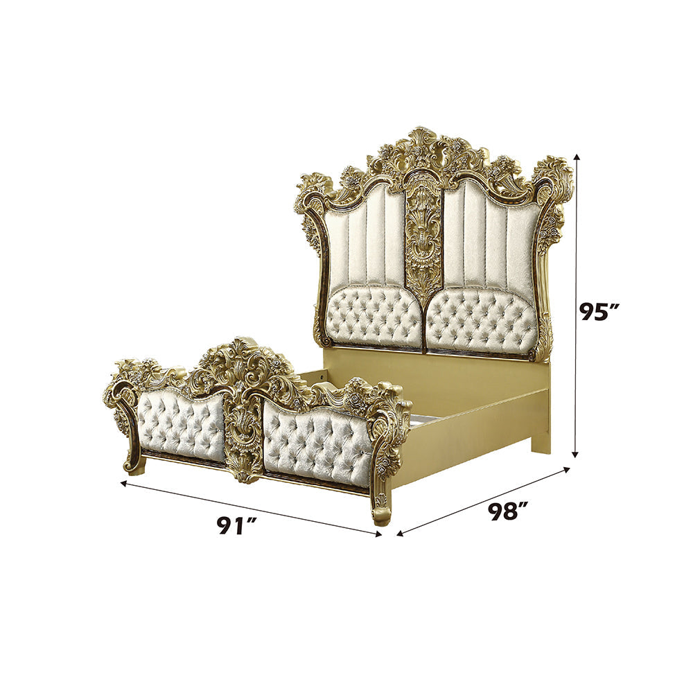 ACME Desiderius Beige Fabric Antique Gold & Hand Paint Brown Eastern King Bed Model BD20001EK