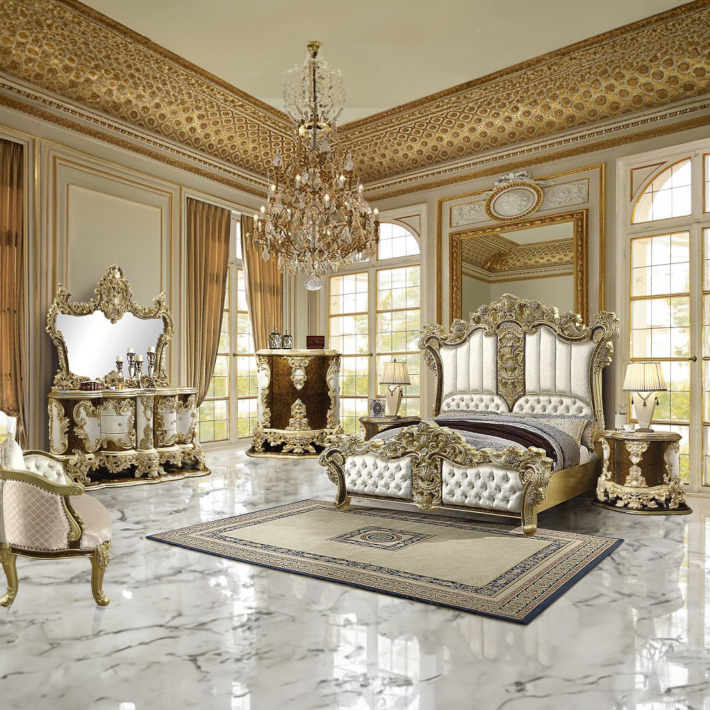 ACME Desiderius Beige Fabric Antique Gold & Hand Paint Brown Eastern King Bed Model BD20001EK