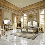 ACME Desiderius Beige Fabric Antique Gold & Hand Paint Brown Eastern King Bed Model BD20001EK