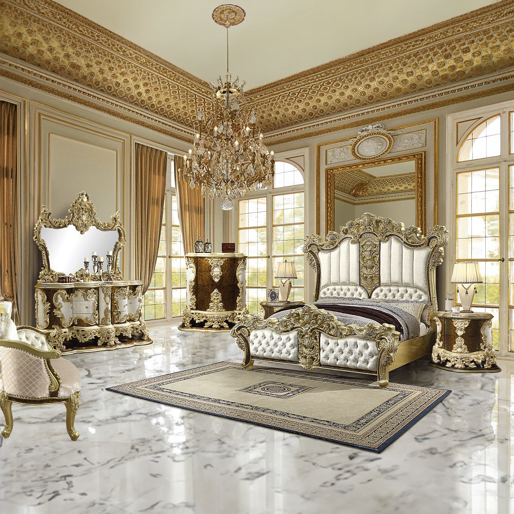 ACME Desiderius Beige Fabric Antique Gold & Hand Paint Brown Bench Model BD20007