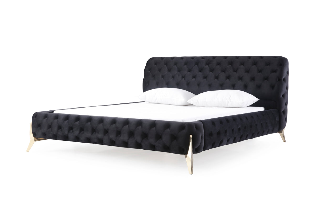 Lit California King Modrest Legend Modern en velours noir et or, modèle VGVCBD8111-BLKGLD-CK