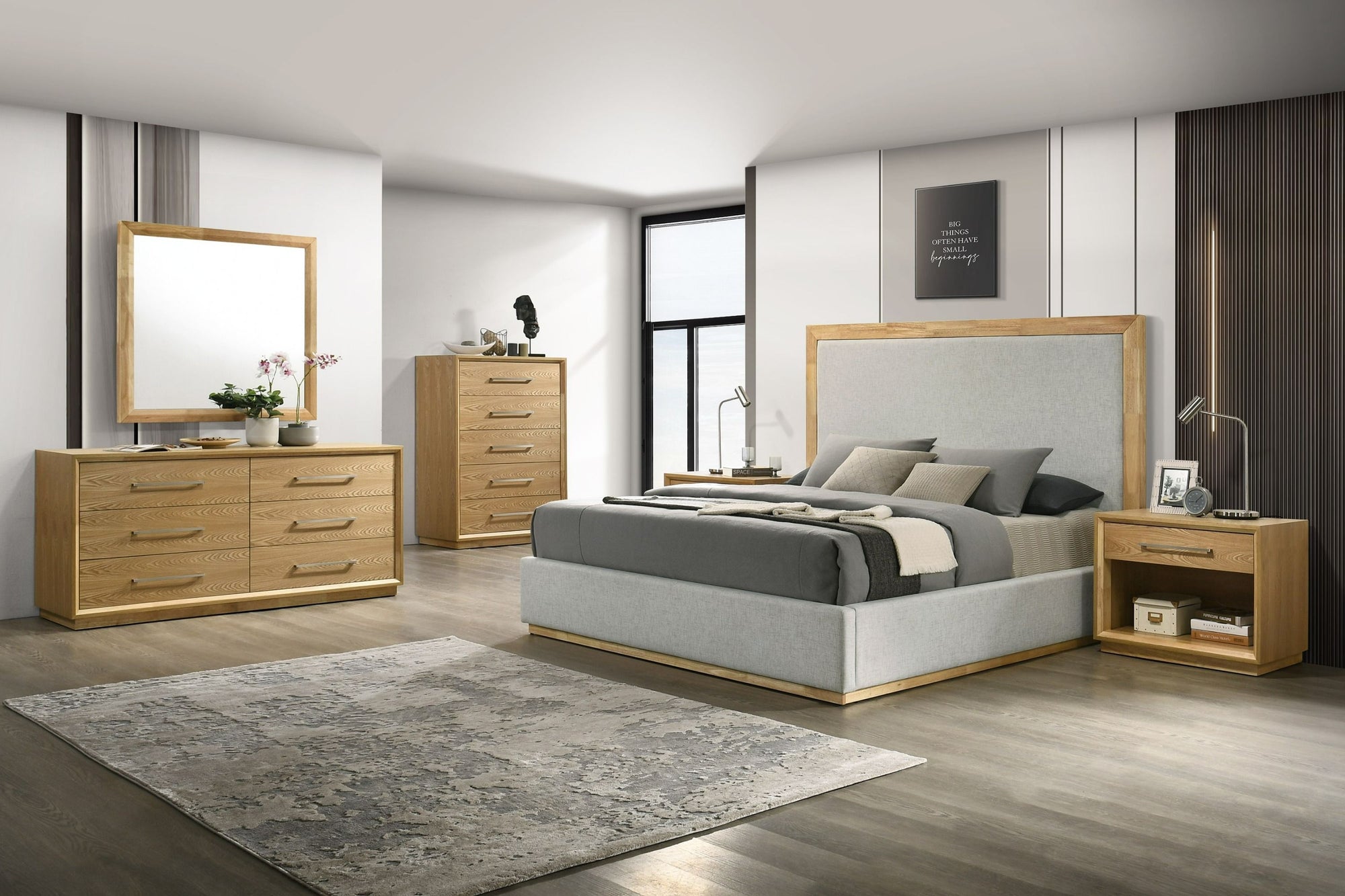 Queen Nova Domus Santa Barbara Modern Grey Fabric & Natural Bedroom Set Model VGMABR-152-SET-Q