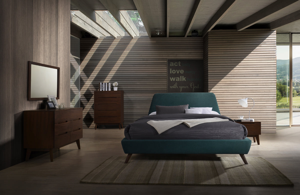 Queen Modrest Lewis Mid Century Modern Teal & Walnut Bedroom Set Model VGMABR-36-SET-Q