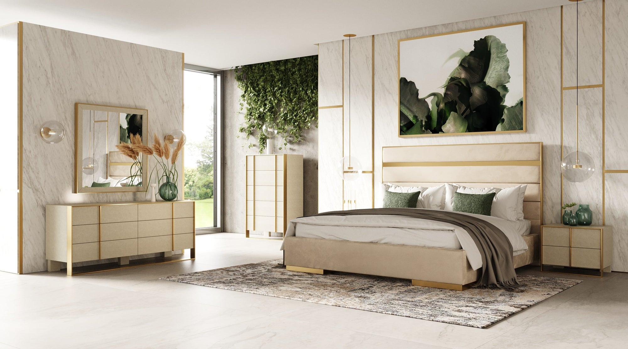 California King Modrest Cartier Modern Beige Velvet & Brushed Brass 4 Piece Bedroom Set Model VGVCBD-A-002-BGE-BED-4PC-SET-CK