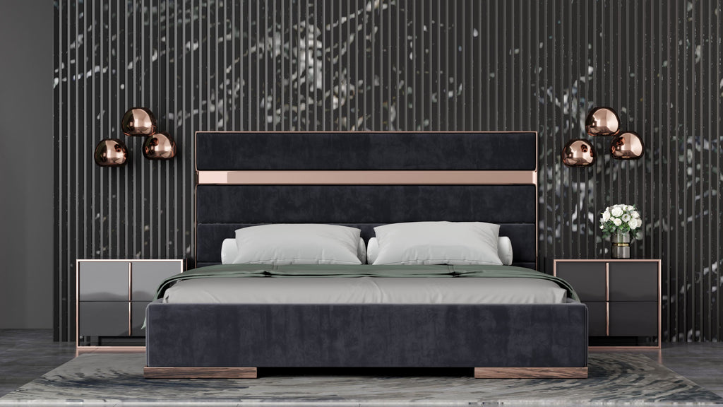 Nova Domus Cartier Modern Black & Rose Gold Bed With Nightstands Model VGVCBD-A002-BLK-BED-2NS-SET
