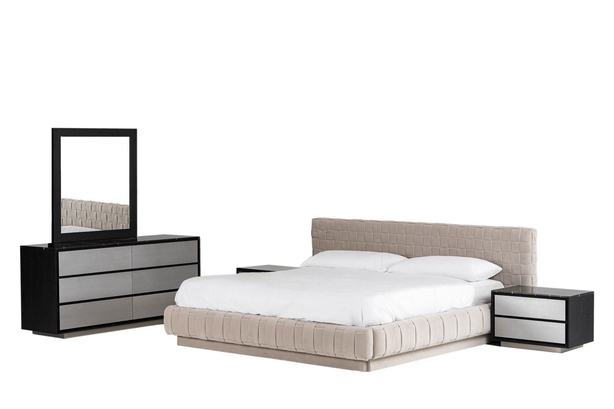 Queen Modrest Concord Modern Grey Velvet & Black Marble & Black Ash & Aluminum Bedroom Set Model VGVC-BD2311-2301-SET-Q