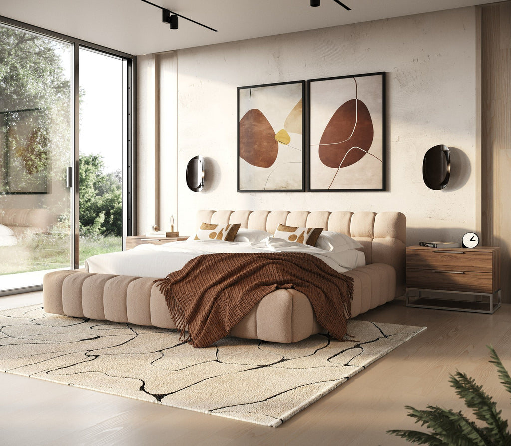 Lit Divani Casa Tyree moderne en tissu capitonné sable, modèle VGOD-DY-22116-SAND