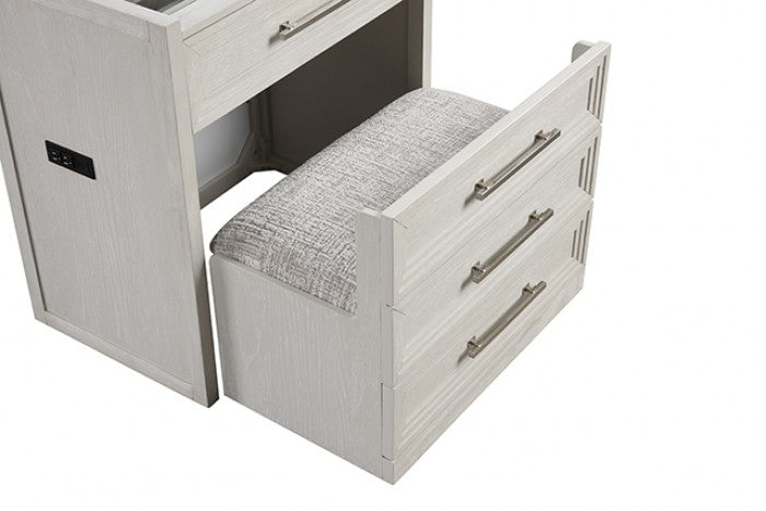Ensemble coiffeuse de chevet contemporaine blanche Ashburton de Furniture of America avec tabouret, modèle FM-AC416WH-V