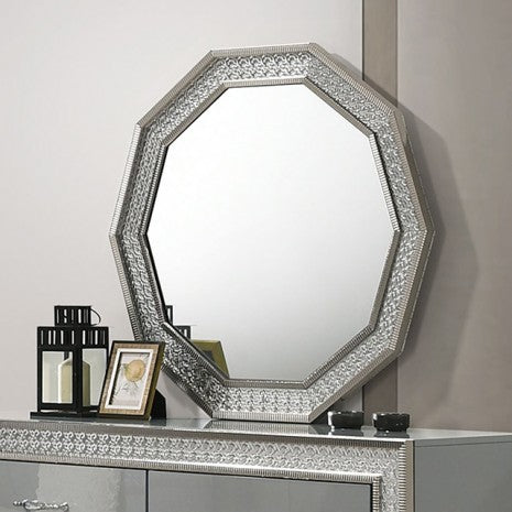Miroir décagonal glamour gris métallisé Cassiopeia de Furniture of America, modèle FM7253GY-M
