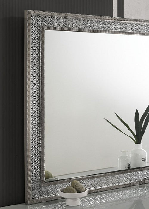 Miroir rectangulaire glamour gris métallisé Cassiopeia de Furniture of America, modèle FM7254GY-M