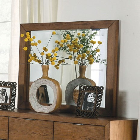 Miroir de style transitionnel Leirvik en noyer clair, modèle FOA7460WN-M de Furniture of America